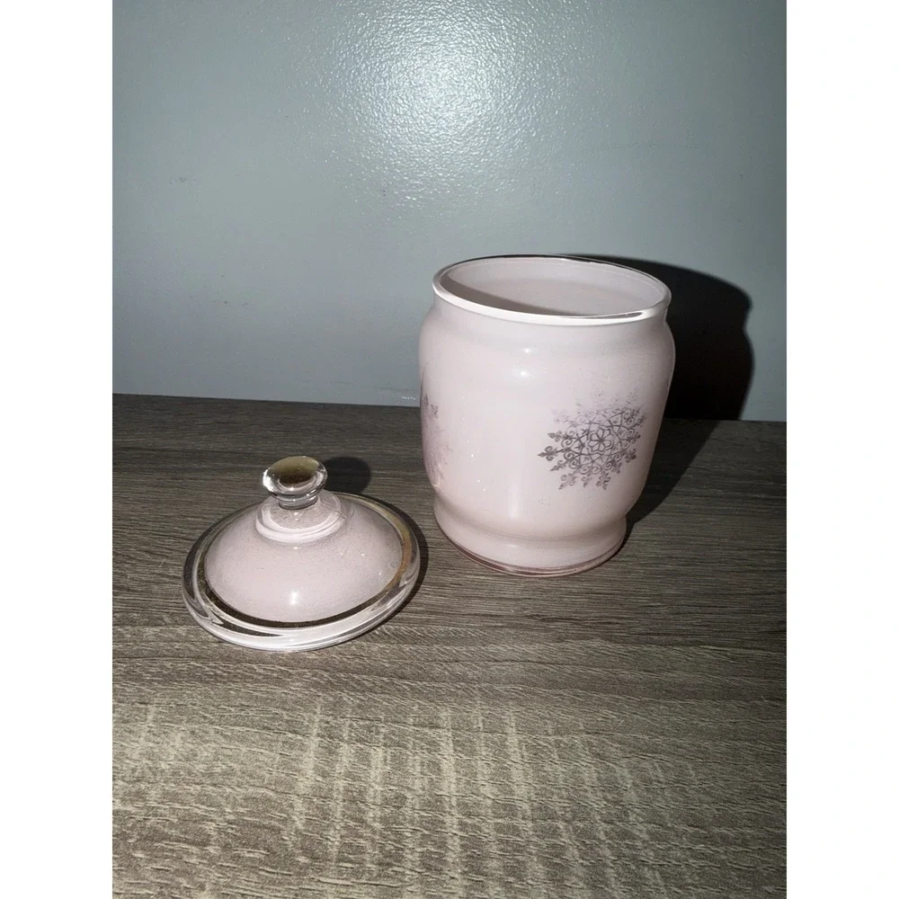 Vtg Pink Frosted Glass MCM Vanity Trinket Jar Lid Gold Snowflake 4.75